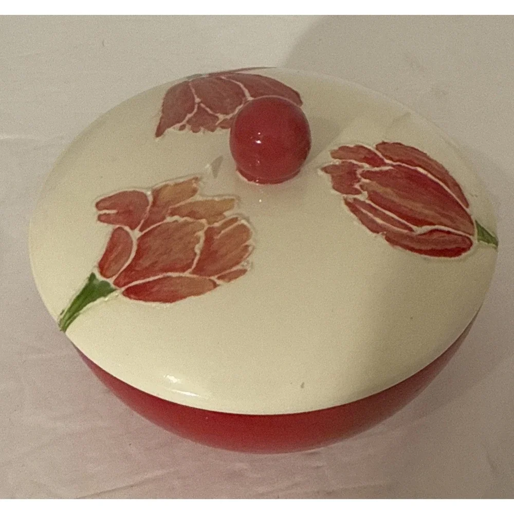 Lidded Bowl‎ Red and White w/ Tulips-Trinket/Serving/Sugar Bowl-Signed-Textured